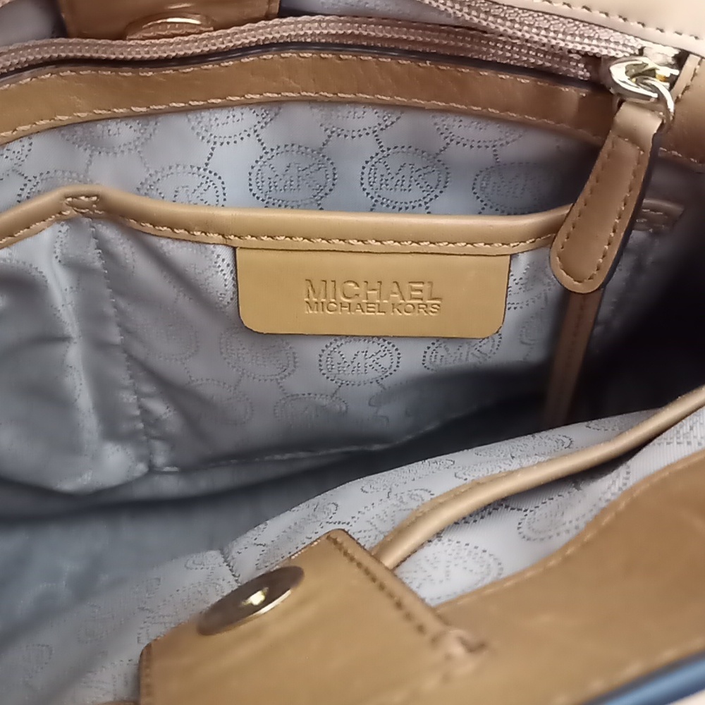 Michael Kors Carmel Tan leather Satchel Shoulder Crossbody Bag Multi-Pocket - Picture 12 of 14